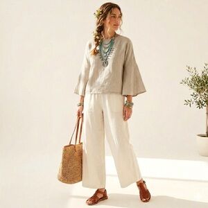 Lanhtropy Neutral Linen Cropped Bell Sleeve Crewneck Top Size One Size